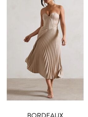 Club L London Champagne Strapless Pleated Midi Dress